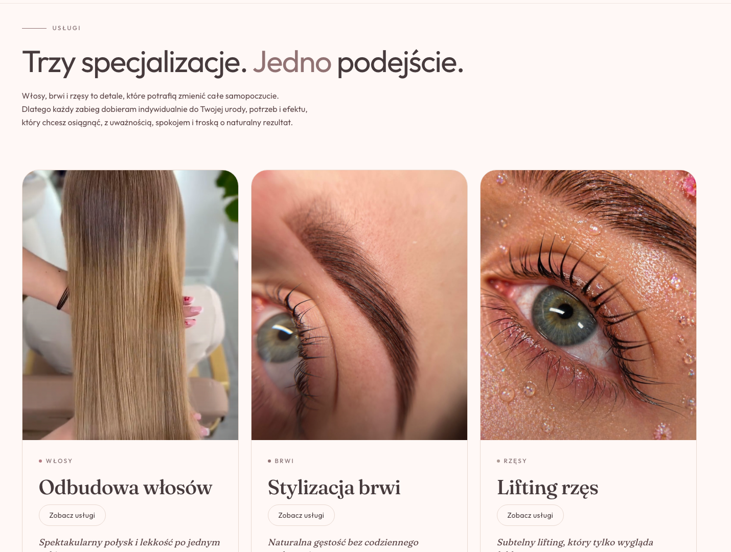 Preview sekcji usług Panna Hanna z trzema specjalizacjami: włosy, brwi i rzęsy